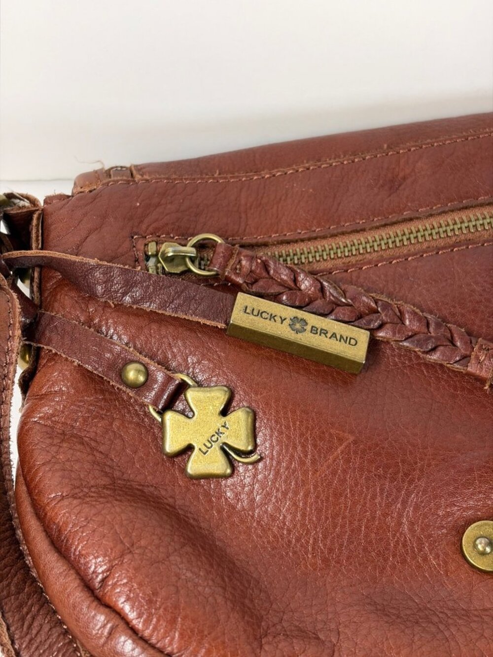Vintage Lucky Brand Crossbody Shoulder Bag Italian Leather Whipstitch Brown - Picture 9 of 16